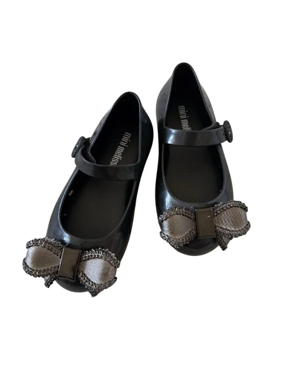 MINI MELISSA Silver Black Bow Mary Janes Flats Size 8